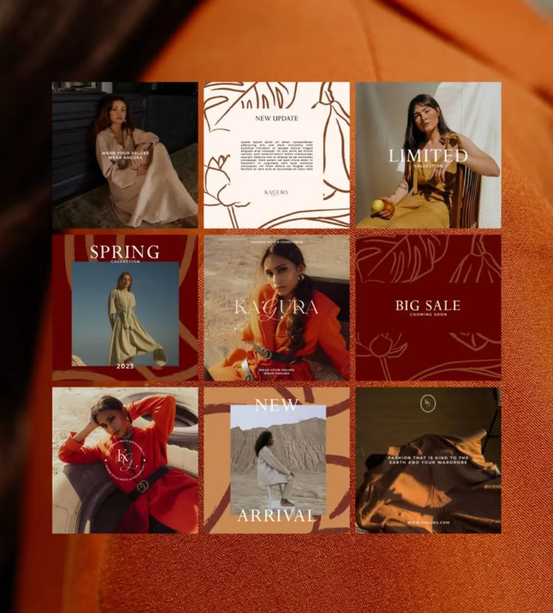 Grid of campaign tiles and brand visuals